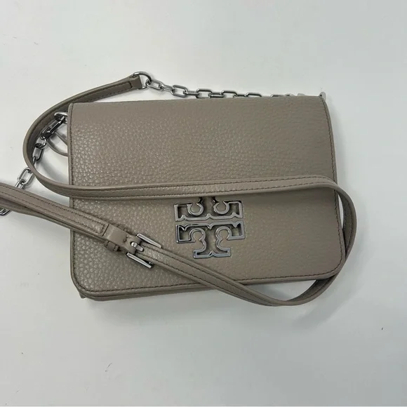 Tory Burch Britten Combo Crossbody Shoulder Bag Taupe Leather Silver Hardware - Picture 10 of 14